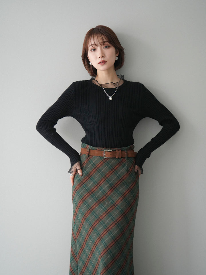 [SET]チュールドッキングリブニットトップス+ベルト付チェック柄ナロースカート(2set)
