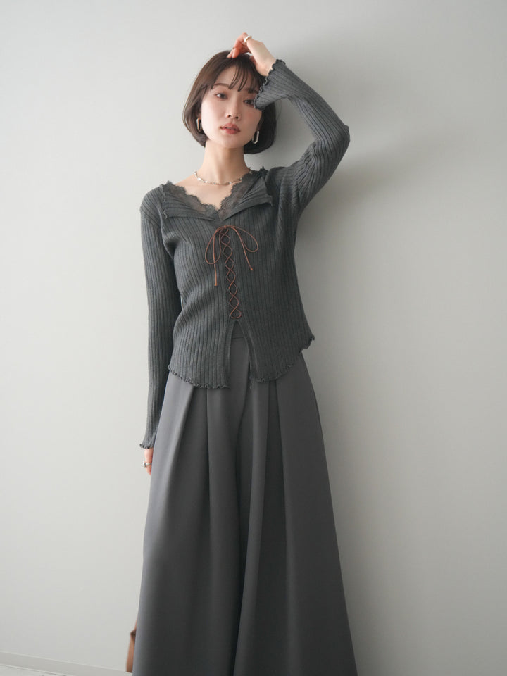 [予約]レースネックレースアップリブニットトップス/gray