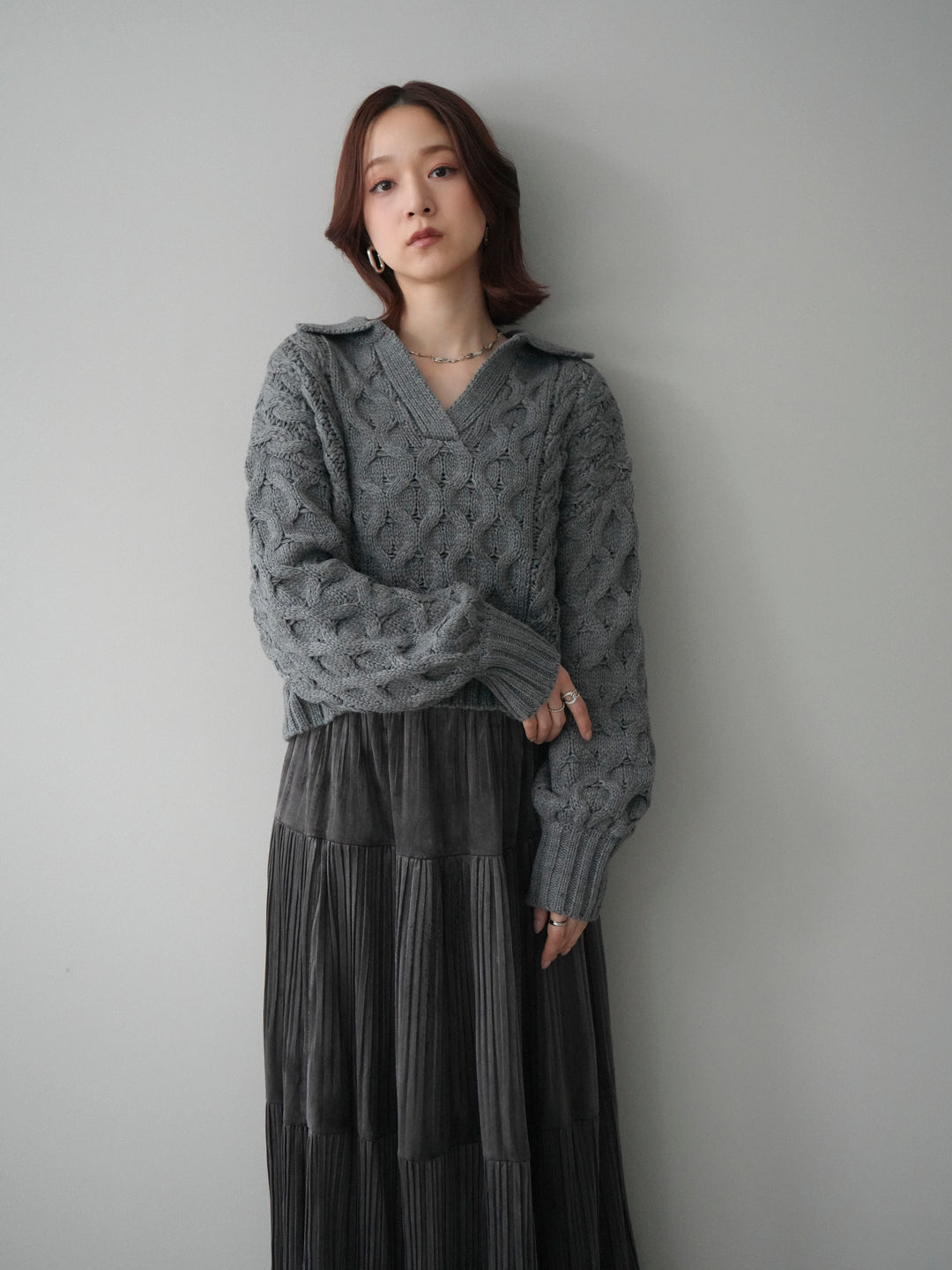[SET]バルキーケーブルクロップド開襟プルオーバー+ベロアティアードワッシャースカート(2set)