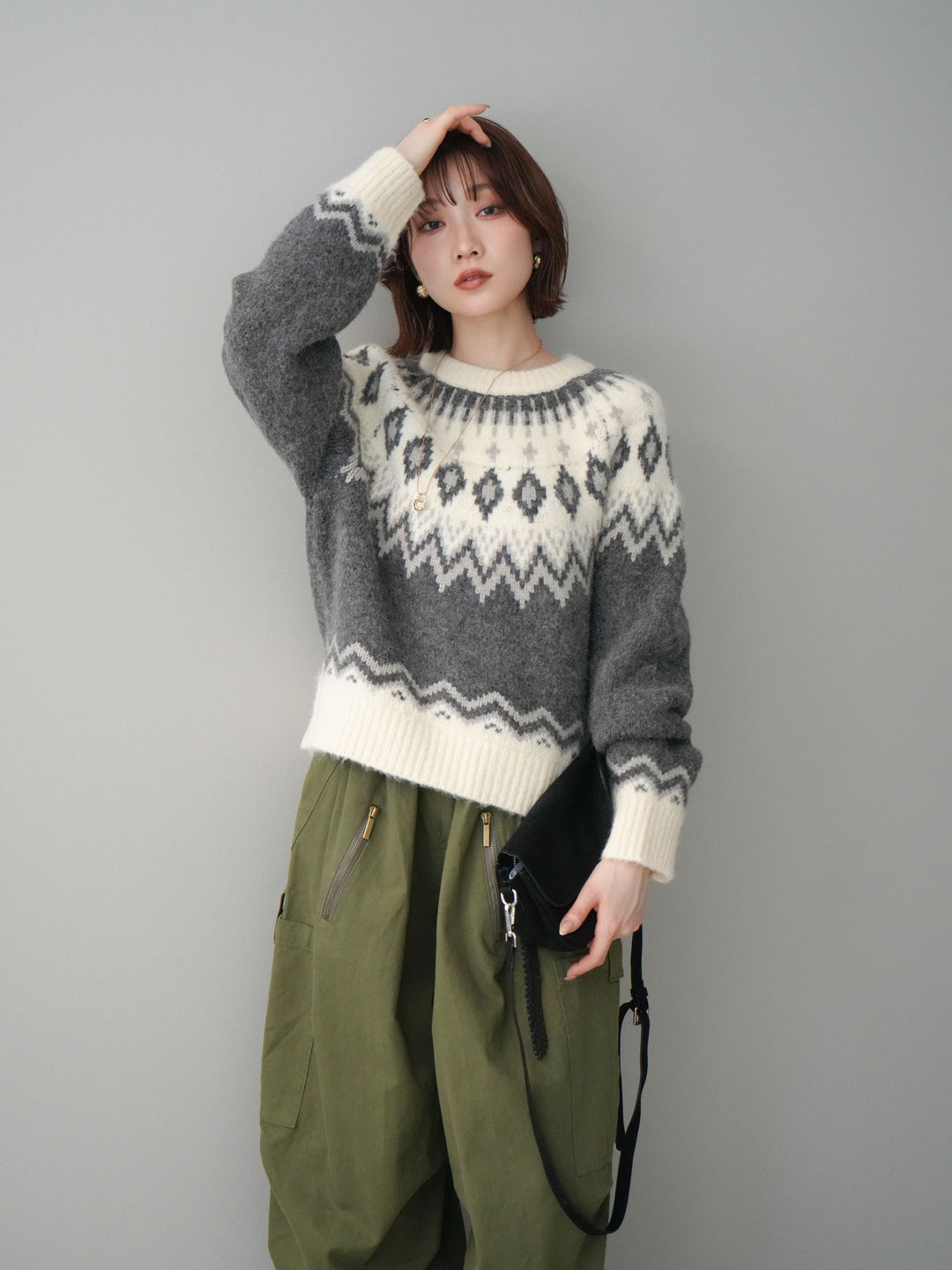 [予約]ノルディック柄ニットプルオーバー/gray