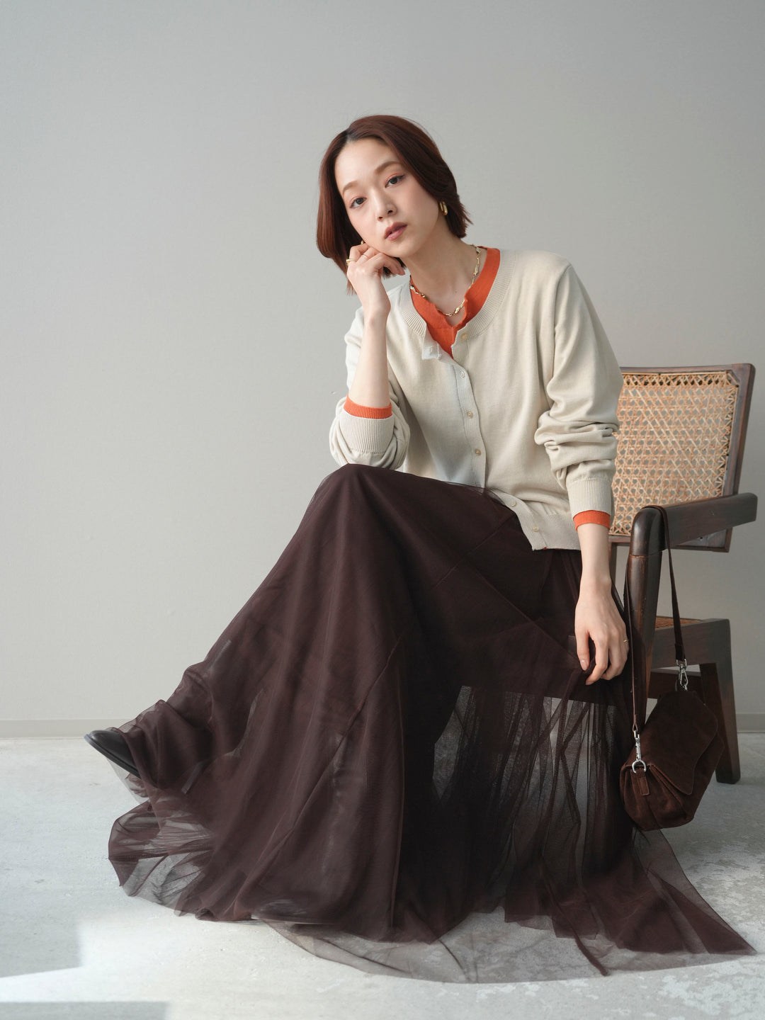 [予約]配色レイヤードコットンアクリルニットカーディガン/ivory