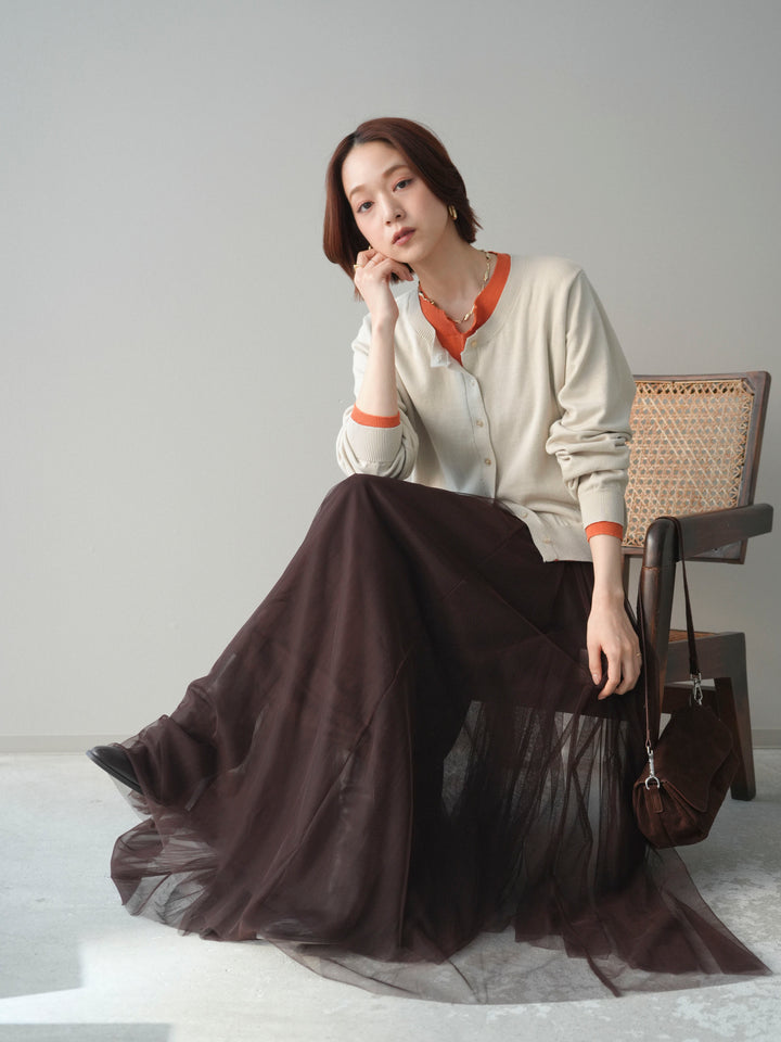 [予約]配色レイヤードコットンアクリルニットカーディガン/ivory