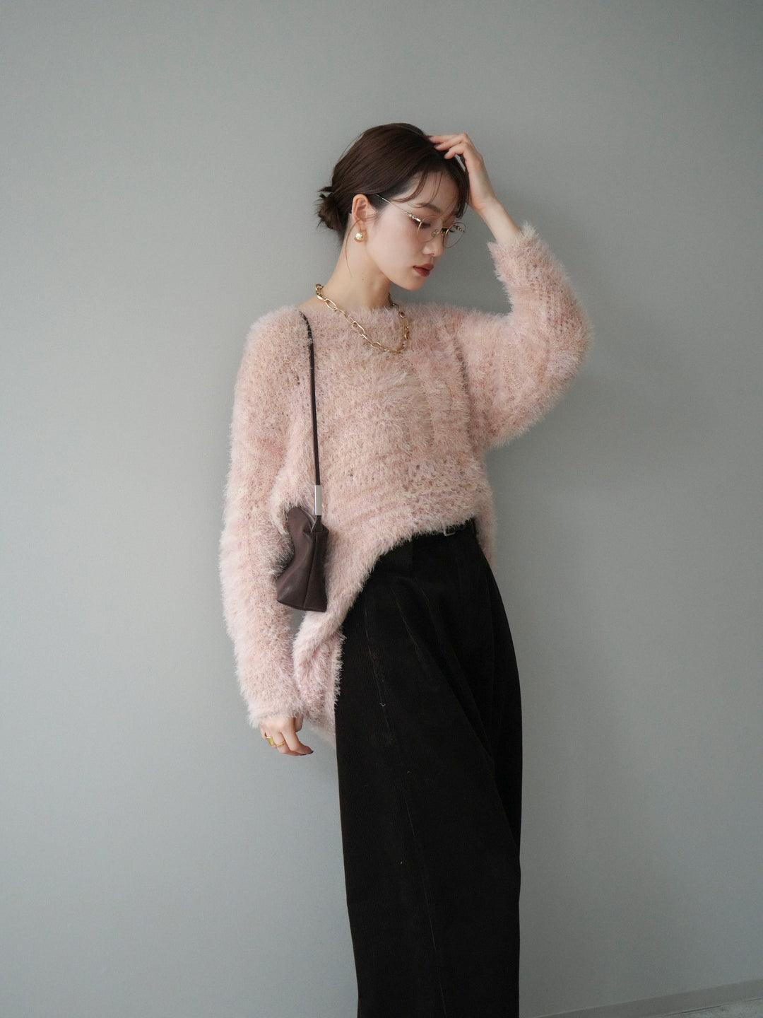 [予約]ミックスシャギールーズニットプルオーバー/pink