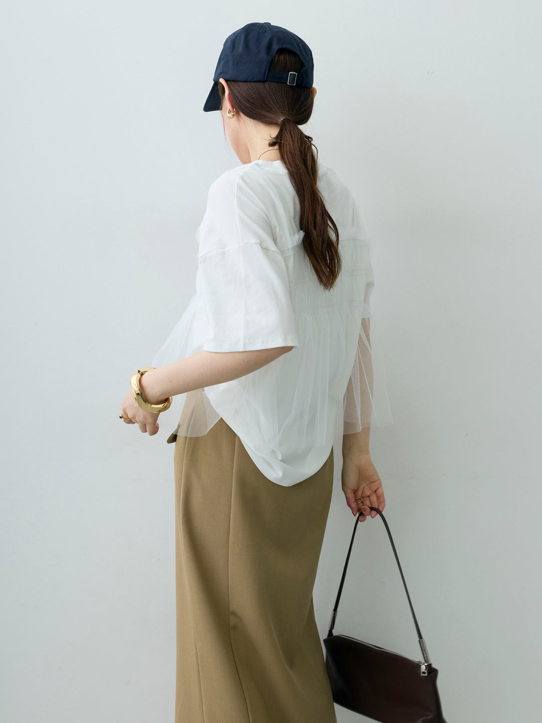 [SET]ギャザーチュールドッキングTEE+クレープデシンフラップ付きストレートスカート(2set)