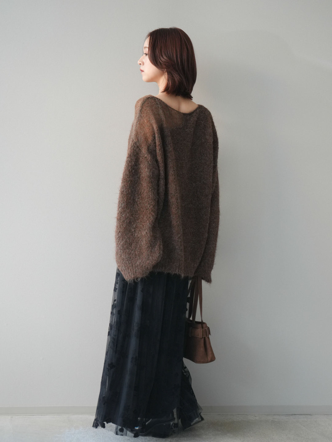 [SET]透かしデザインニットプルオーバー+フラワーフロッキーチュールプリーツスカート(2set)