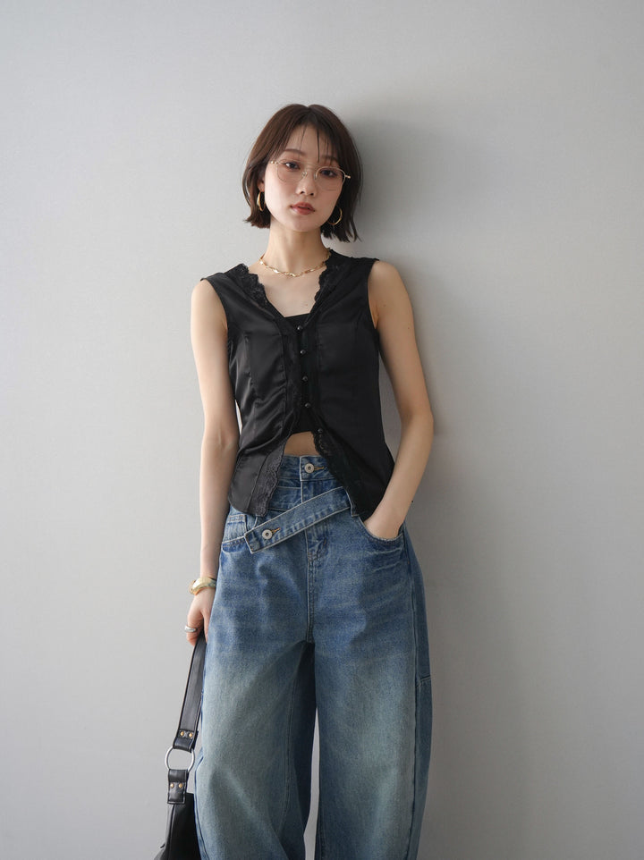 [予約]ノースリサテンレースキャミソール/black