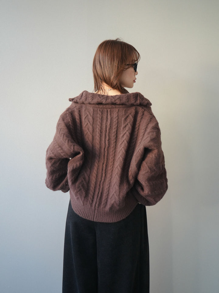 [予約]ケーブル編みハイネックZIPニットカーディガン/brown