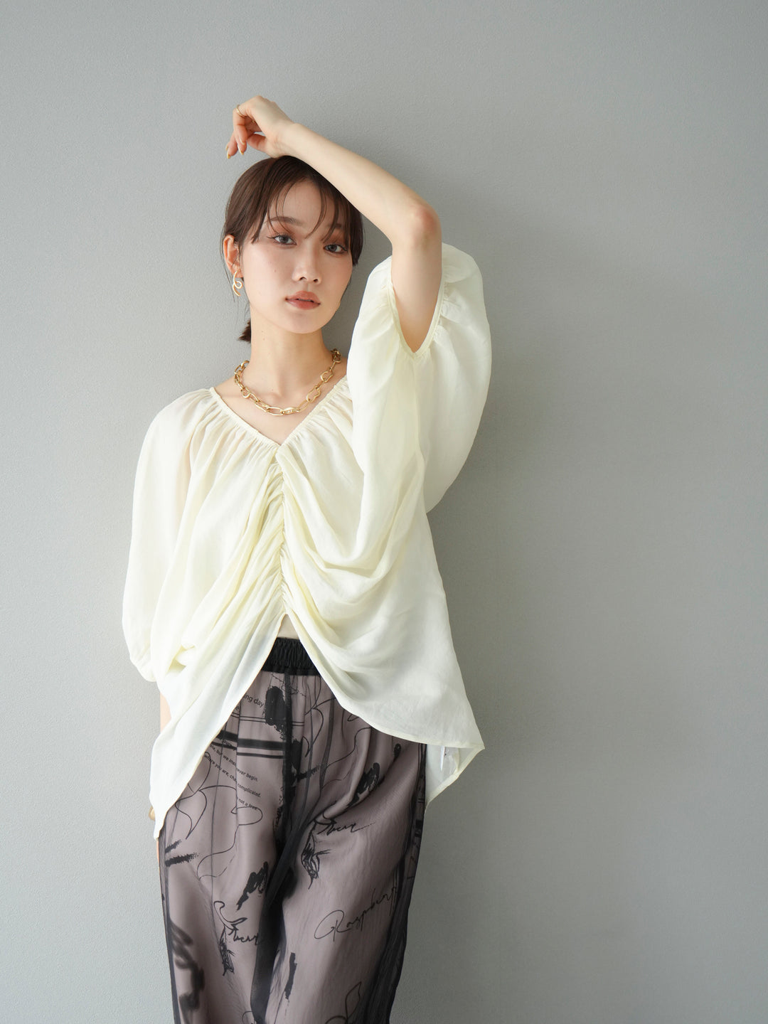 [SET]ボリュームスリーブシアータックブラウス+コード刺繍チュールレイヤードパンツ(2set)