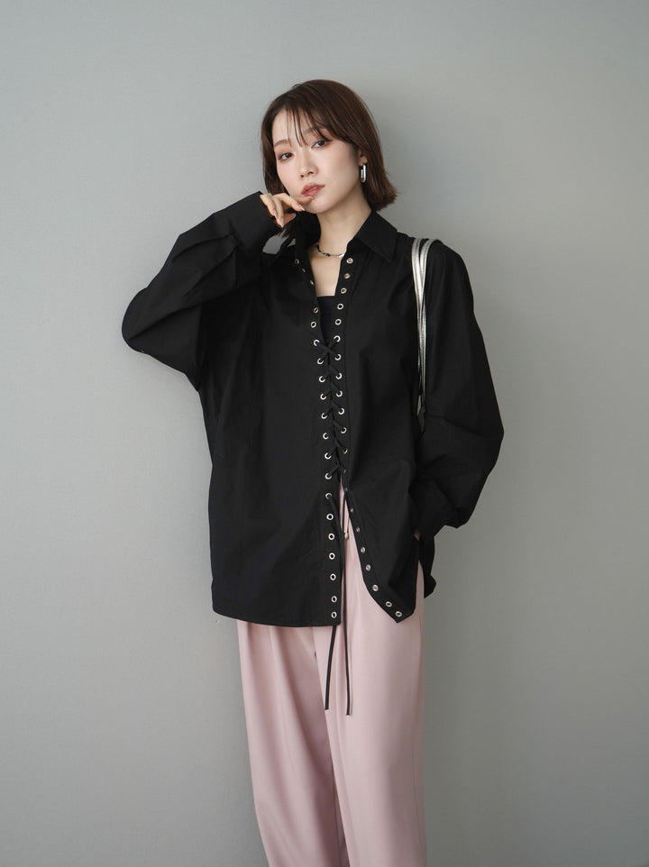 [SET]レースアップブロードシャツ+ベルト付キーホルダーモチーフワイドパンツ(2set)