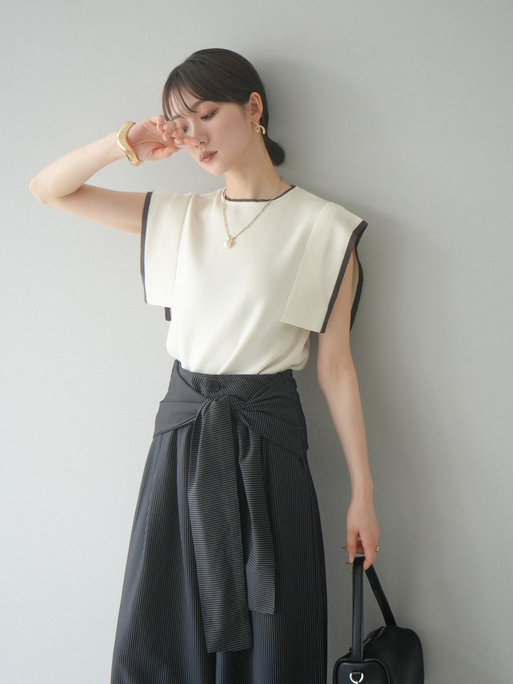 【預購】亞麻質感方袖拼色針織套頭衫/象牙白