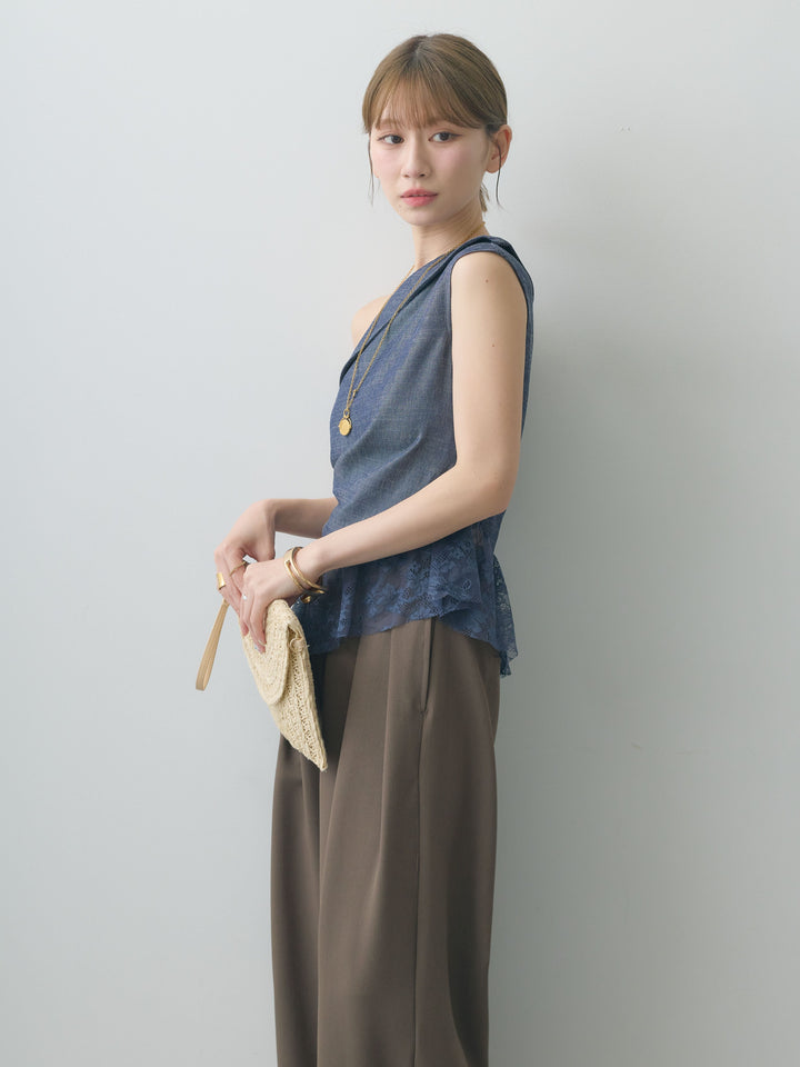 [SET]アシンメトリーラッフルレースヘムトップス+クレープデシンタックワイドパンツ(2set)