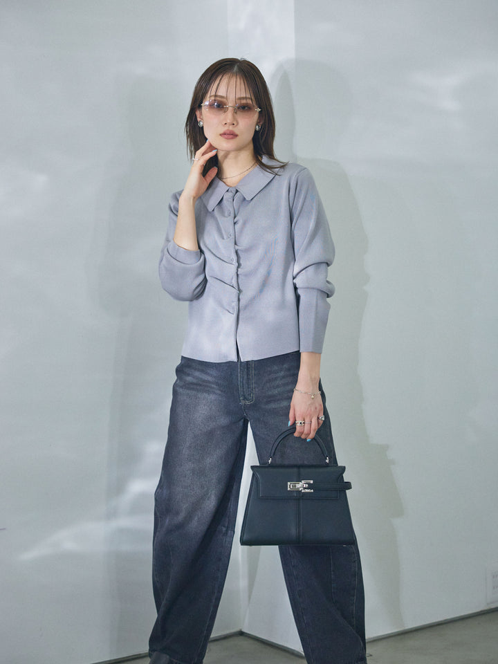 【Allure】[SET]襟付きギャザーニットカーディガン+襟付きギャザーニットカーディガン(2set)