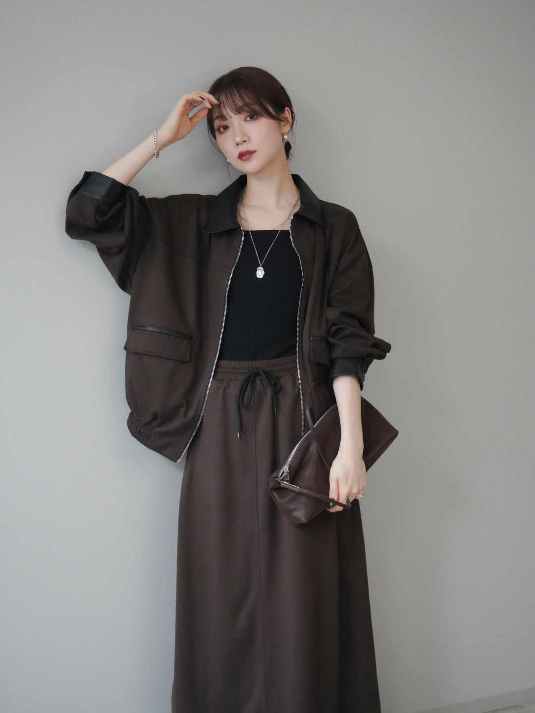 [予約]レザー襟配色パイピングブルゾン/brown