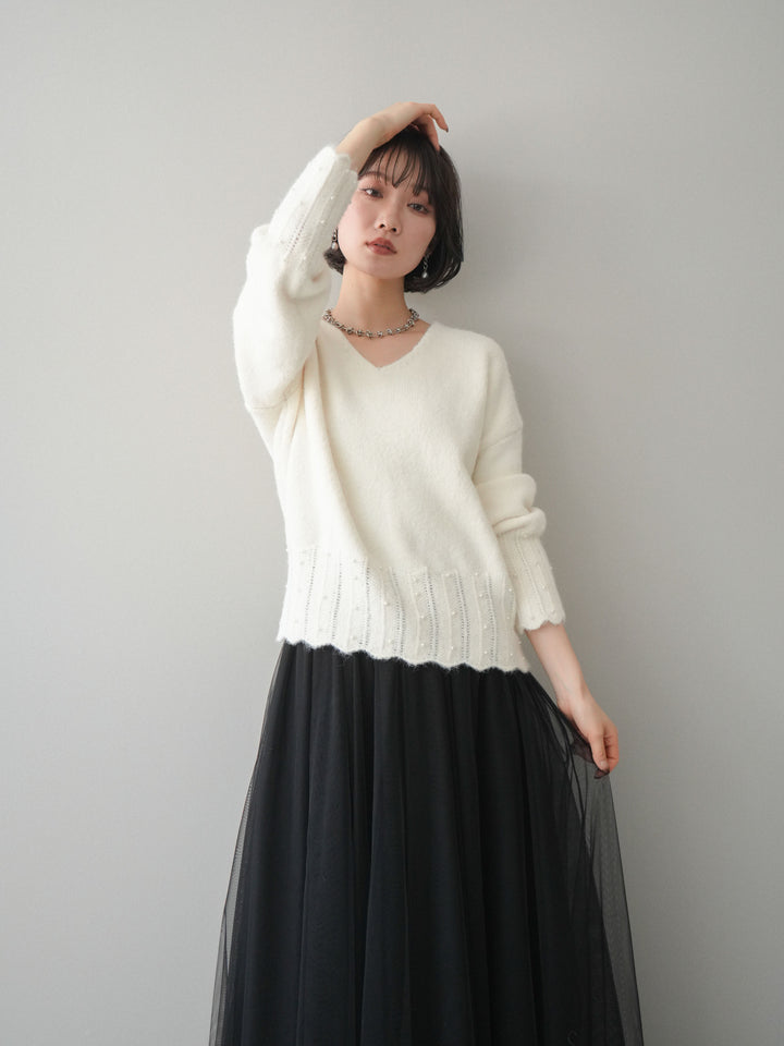 [SET]パールフリルリブヘムニットプルオーバー+選べるアクセセット(2set)