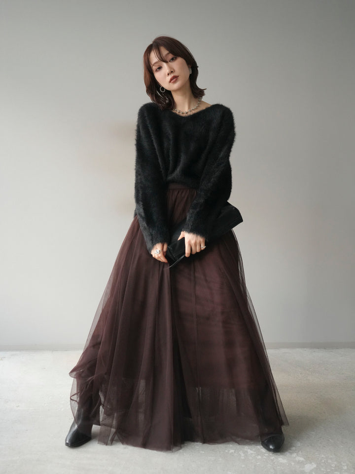 [予約]バックリボンVネックシャギーニットプルオーバー/black