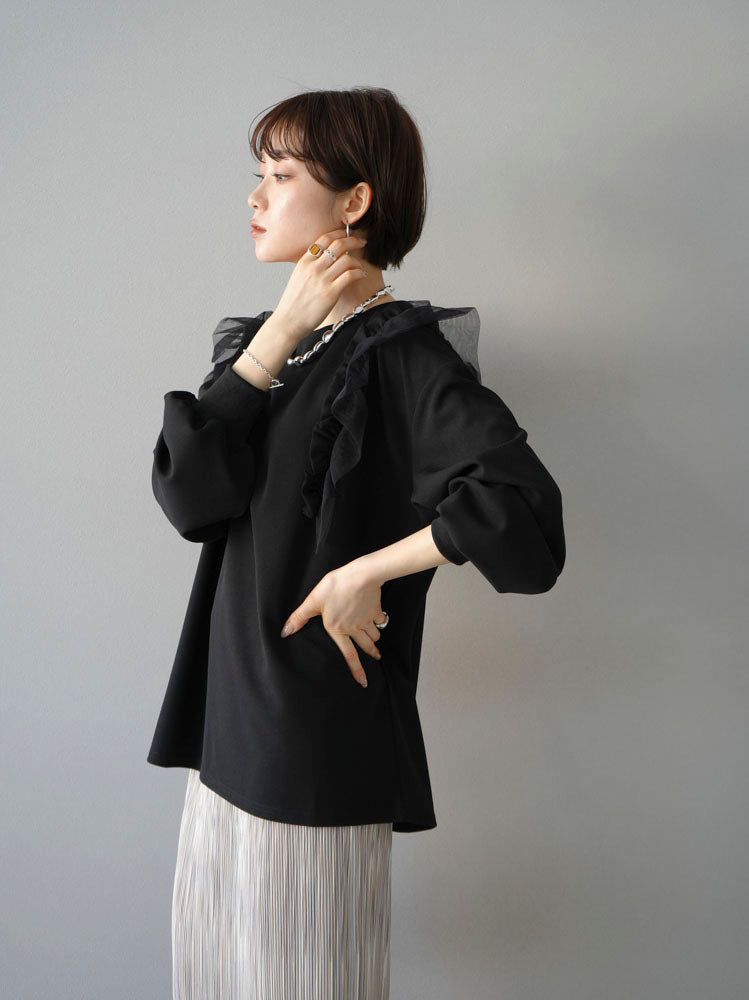 [Pre-order] Tulle shoulder cut georgette pullover/black