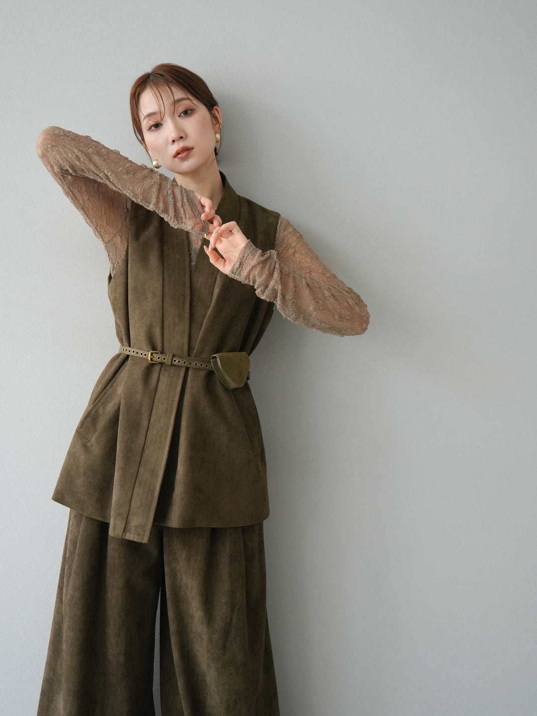 [SET]ポーチベルト付スウェードジレ×パンツSET UP(2set)