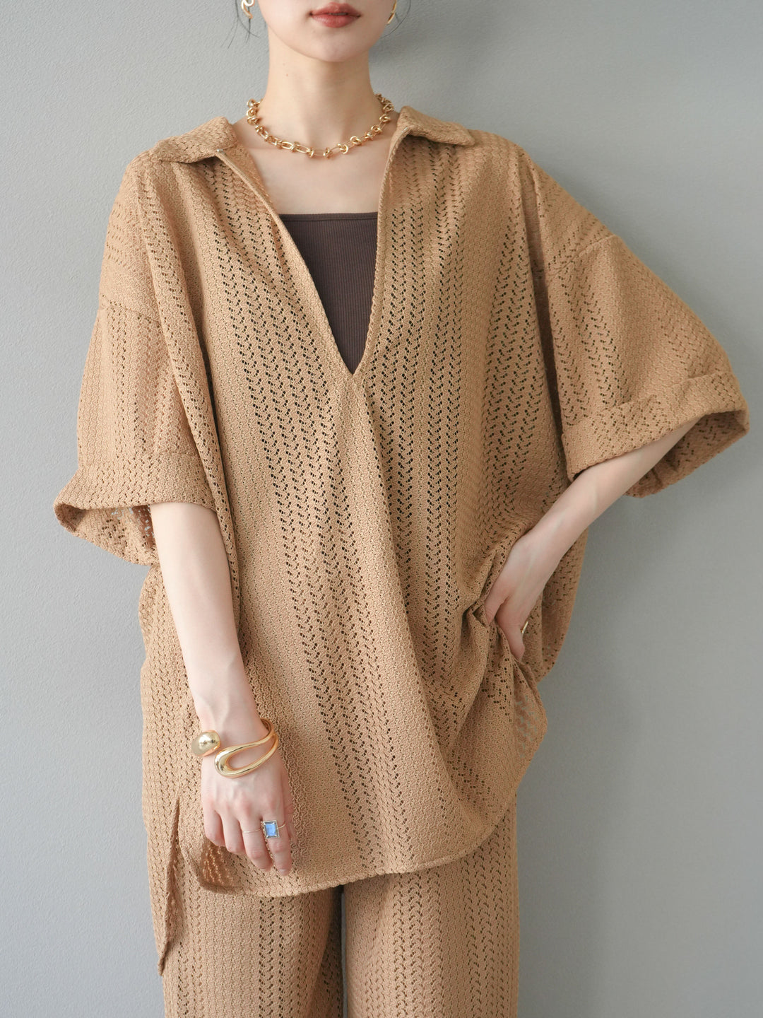 【預購】鏤空蕾絲兩用套頭衫/米色