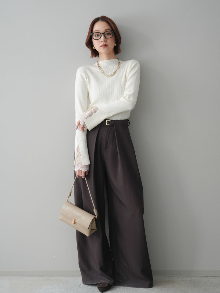 [SET]袖スカラップレースオフネックニットトップス+ベルトループデザインワイドパンツ(2set)