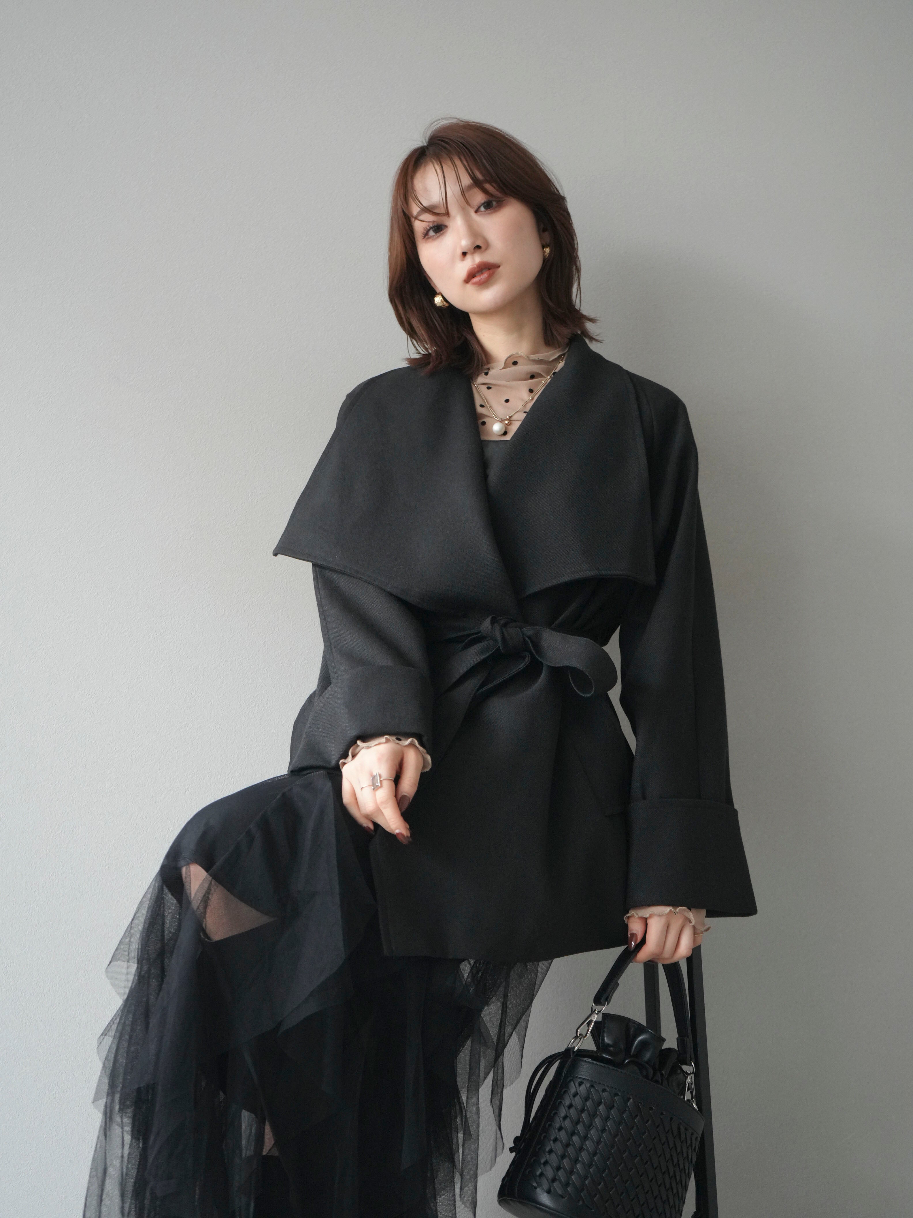 SET]レザー切替チュールラッフルワンピース+ビックカラー