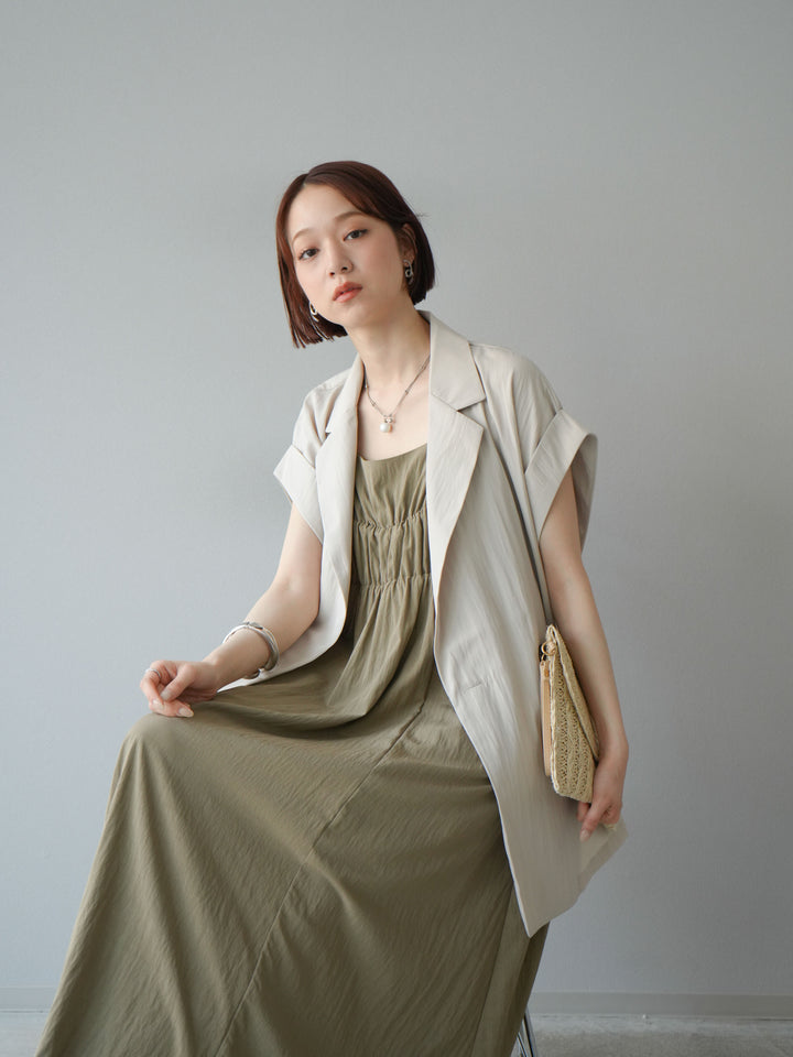 [SET]レーヨンシャーリングキャミワンピース+リネンライクノースリーブダブルジレ(2set)