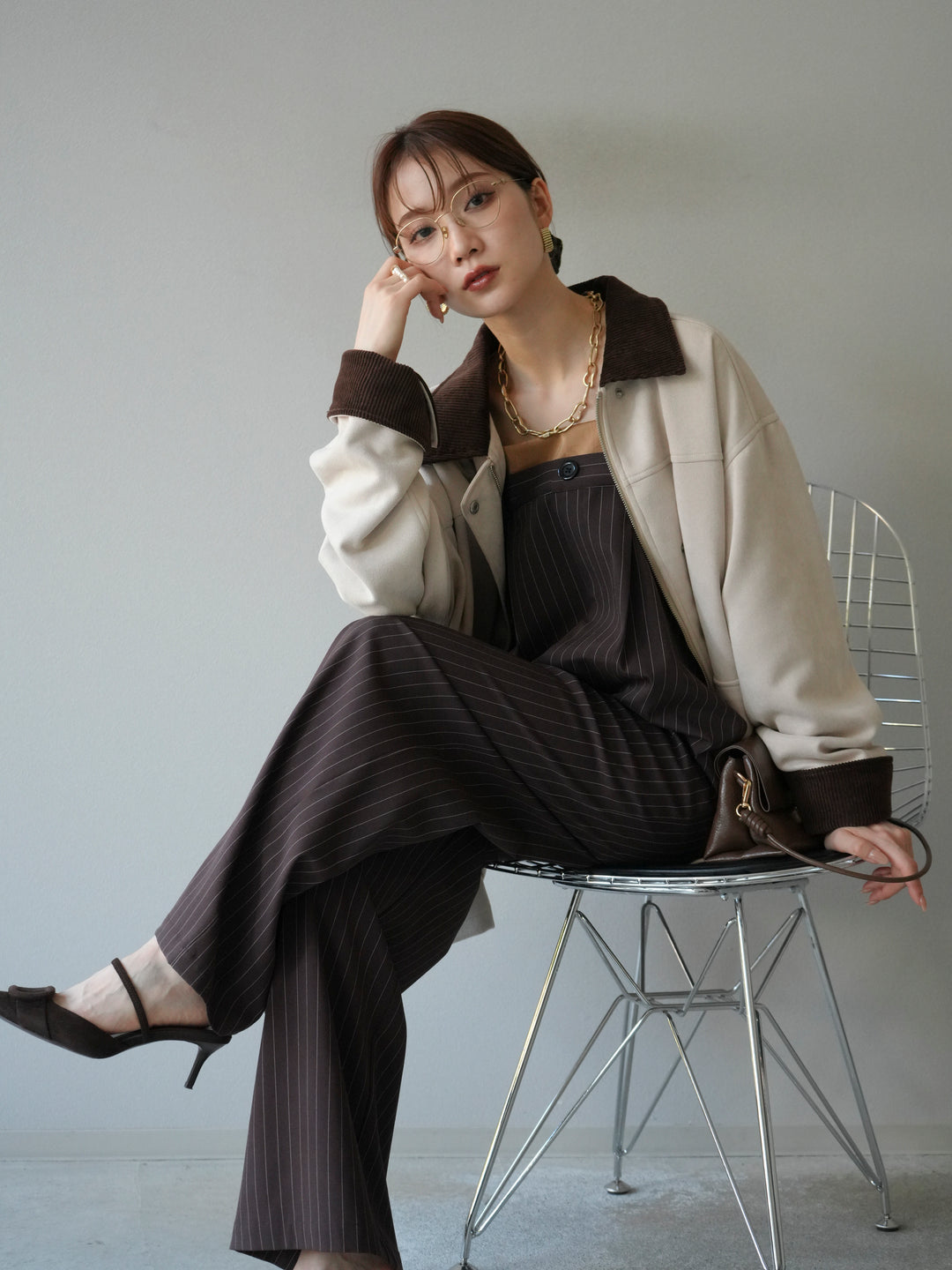 [予約]サテン切替ピンストライプサロペット/ブラウン