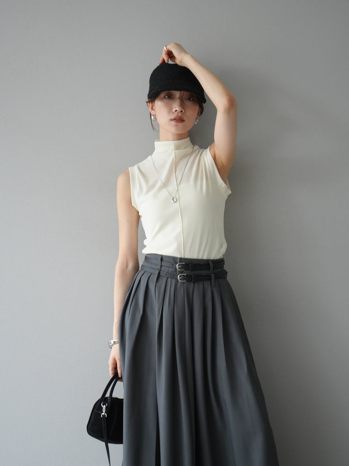[SET]シアーベロアプチネックノースリーブトップス+エステルプリーツスリットスカート(2set)