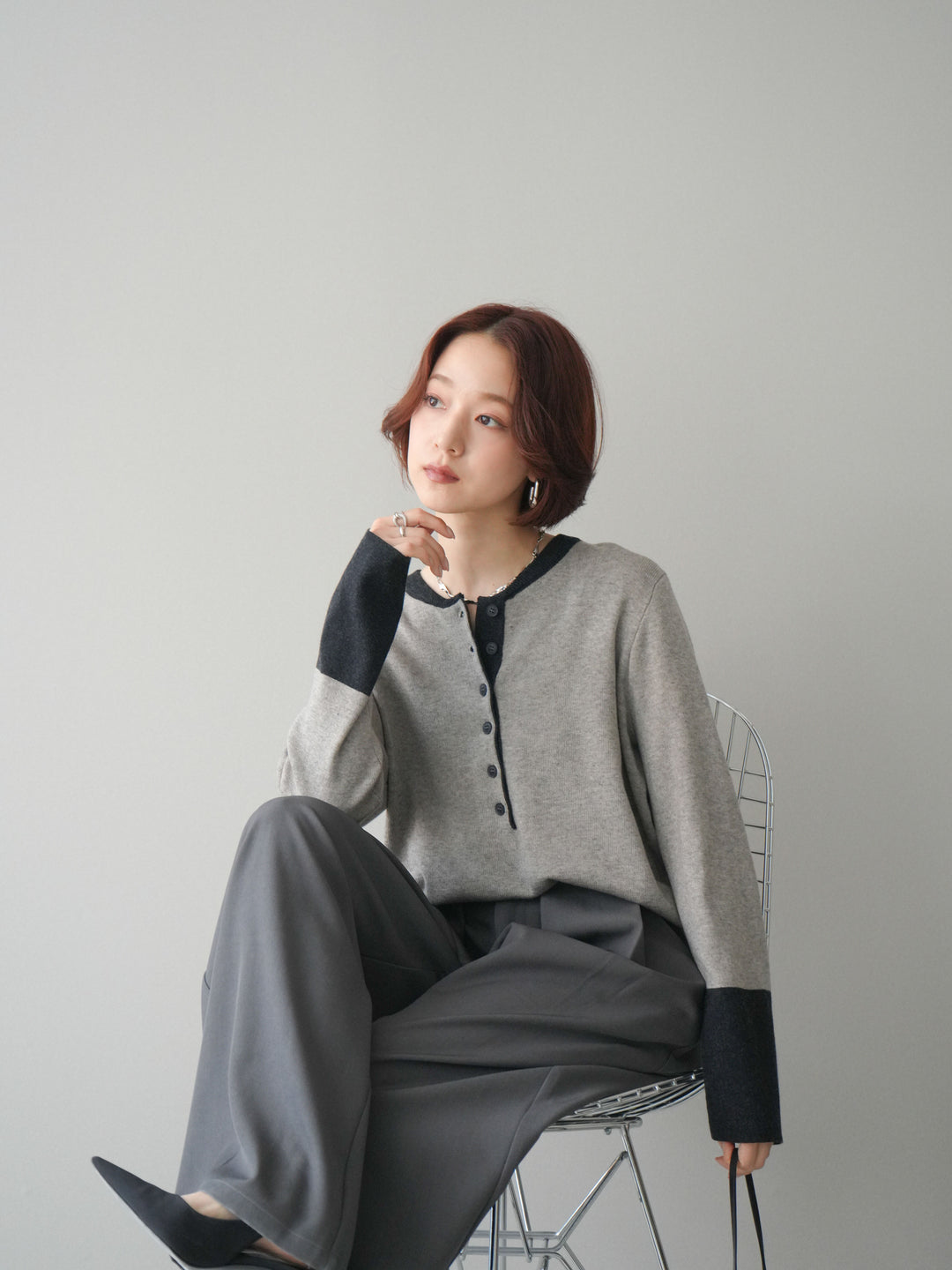 [SET]ヘンリーネック配色ニットソー+ベルトループデザインワイドパンツ(2set)