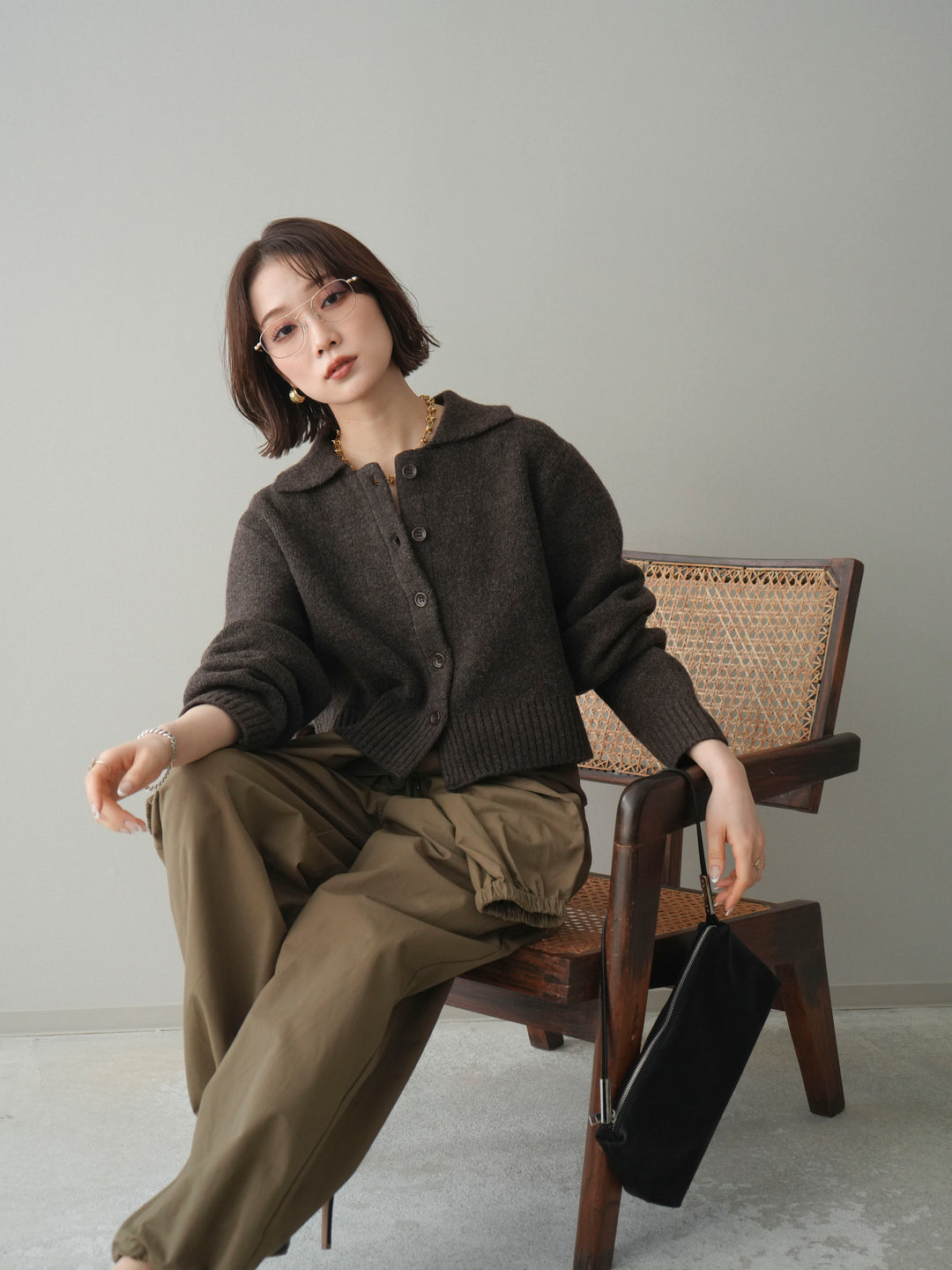 [予約]メランジニット襟付きクロップドカーディガン/brown