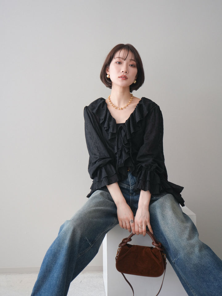 [予約]ラッフルレーススリットブラウス/black