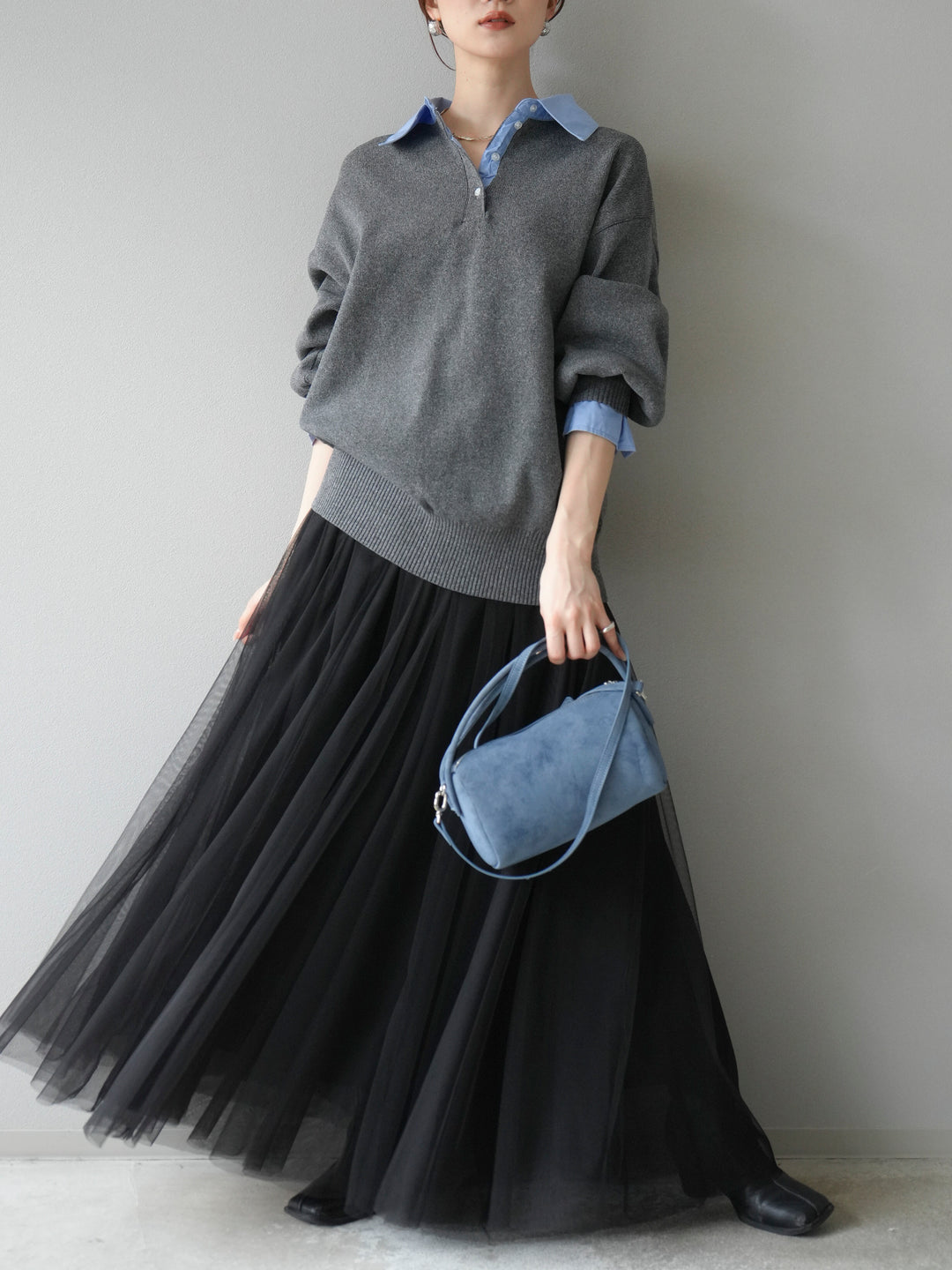 [予約]襟付きポロニットプルオーバー/チャコール