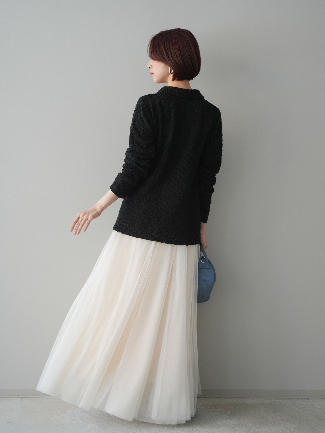 [SET]透かし編みブークレポロニットトップス+チュールボリュームスカート(2set)