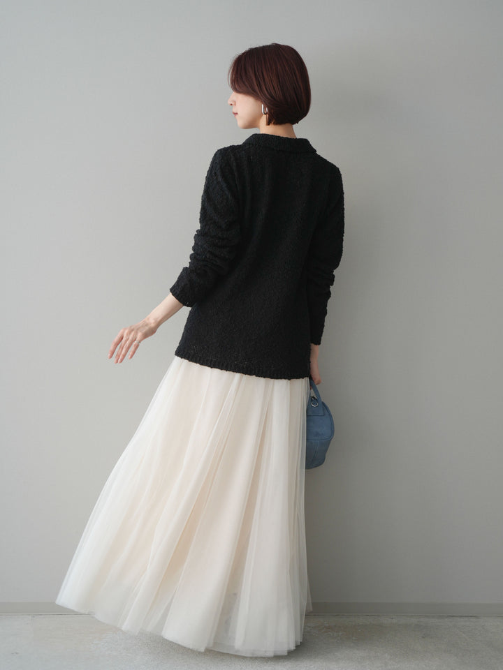 [SET]透かし編みブークレポロニットトップス+チュールボリュームスカート(2set)