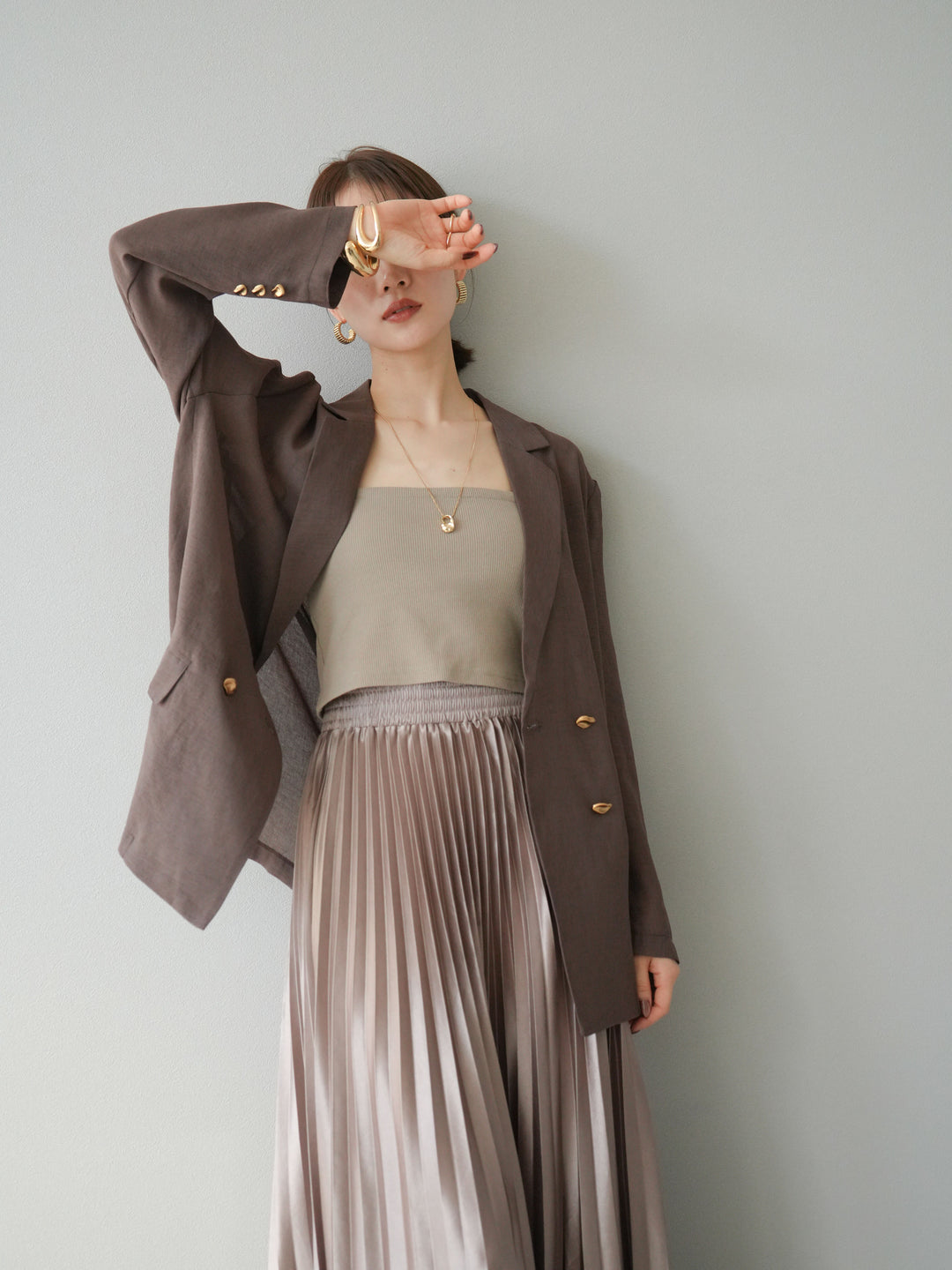 [預購] 金色紐扣透視夾克/棕色