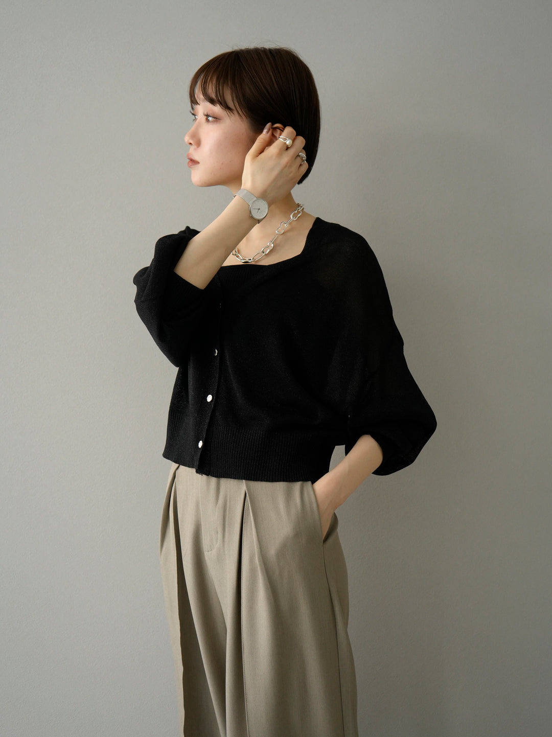 [SET] Lame sheer knit cardigan + double strap cut rib bra camisole + design tuck wide pants M (3 sets)