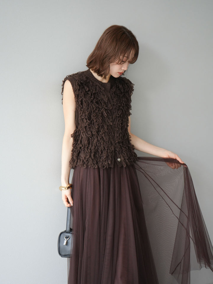 [SET] 前開衩針織背心 + 薄紗蓬鬆裙 (2 件套)