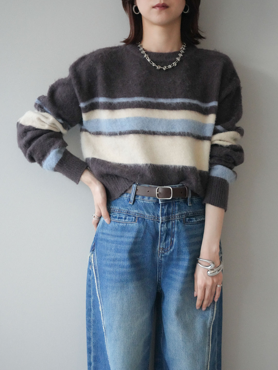 [SET]ソフトタッチボーダークロップドニットプルオーバー+サイドフリンジワイドデニムパンツ(2set)