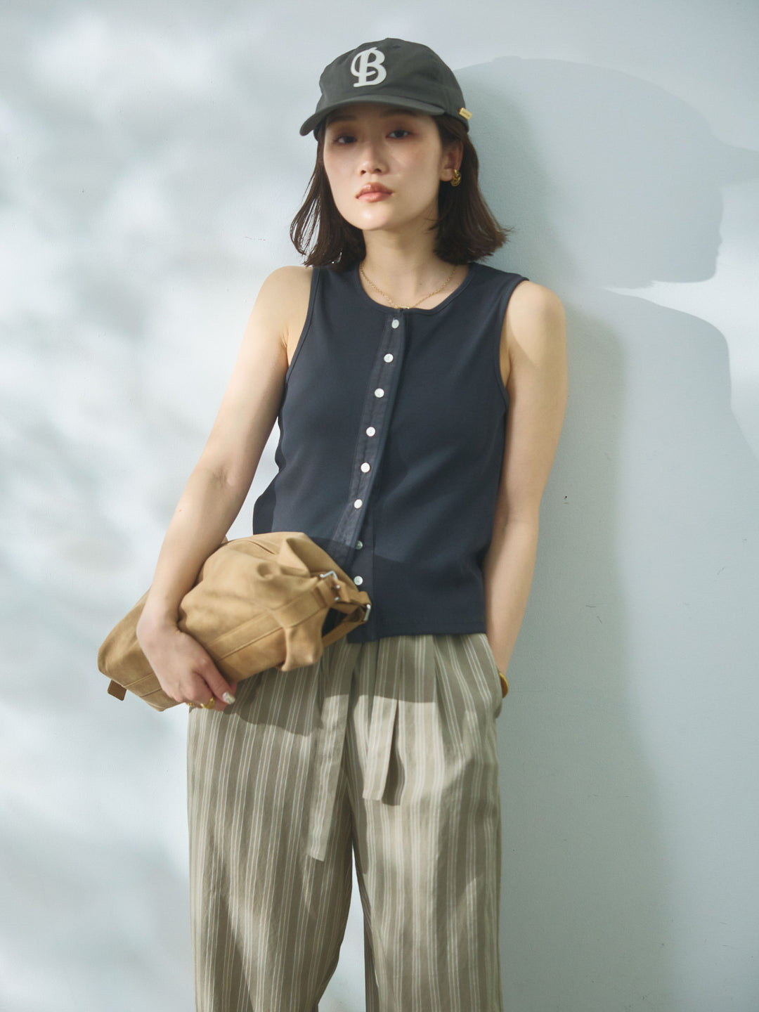 【Allure】[SET]フロントボタンテレコリブタンクトップ+ストライプイージーパンツ(2set)