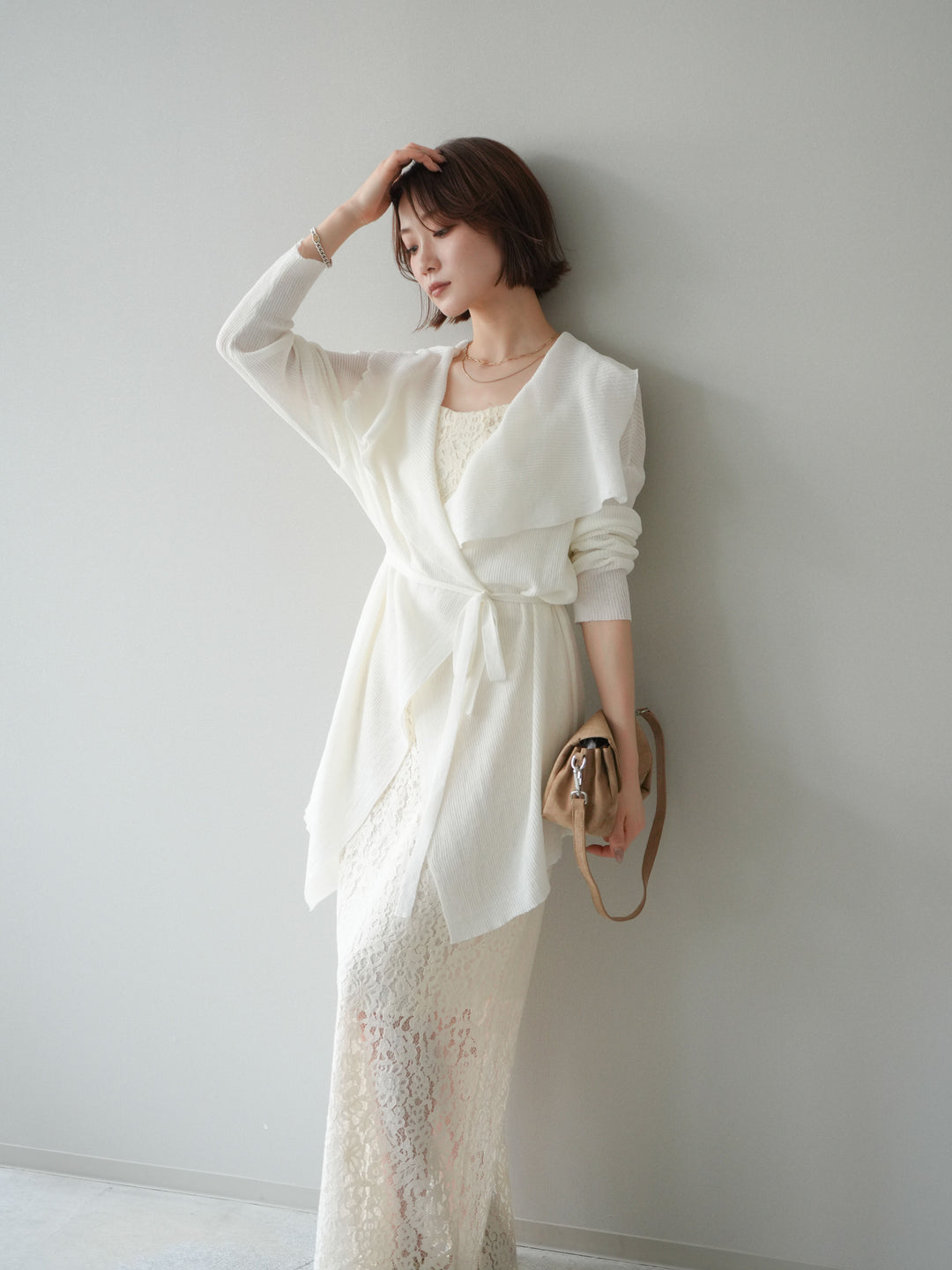 [SET]ドレープリブニットガウン+フルレースキャミ＆IラインスカートSET UP(2set)