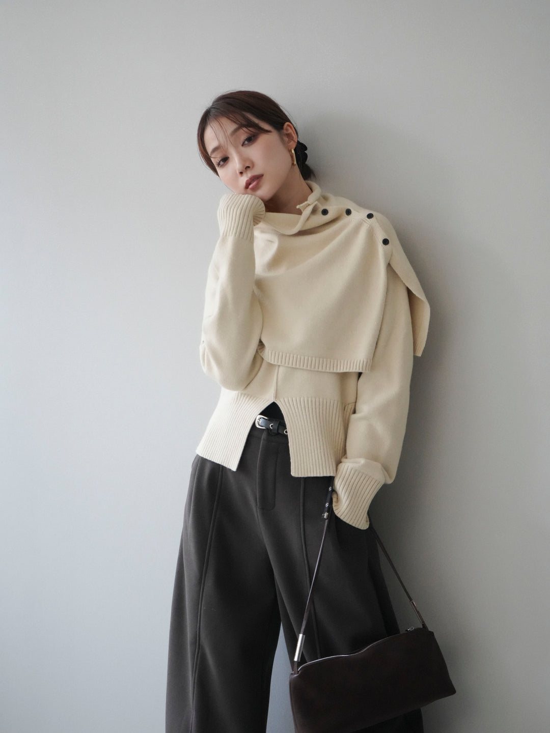 [予約]フロントスリットネックアンサンブルニット/ivory