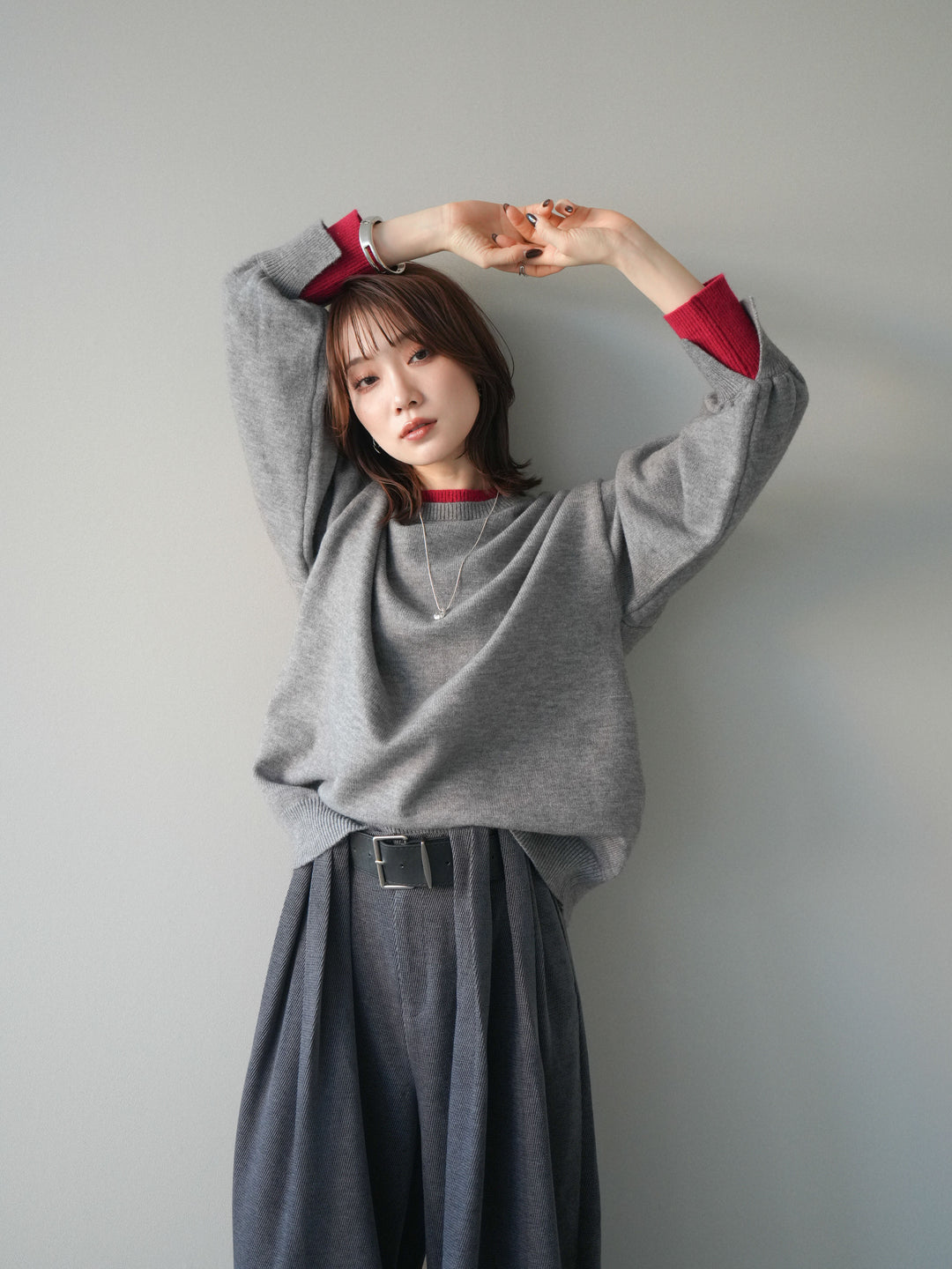 [予約]ヘンリーネック配色レイヤードニットプルオーバー/middlegray