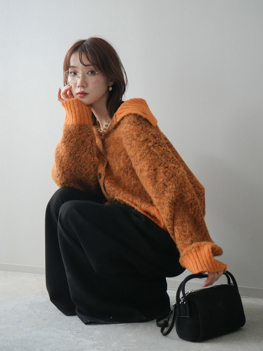 [予約]リブ切替メランジニットカーディガン/orange