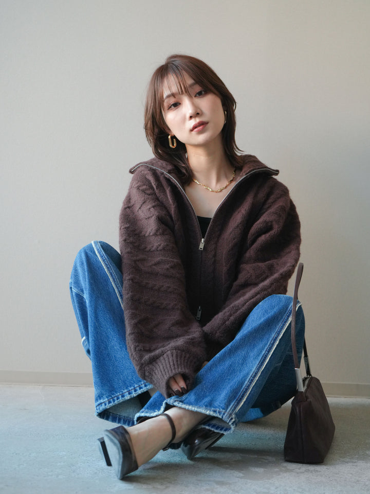 [SET]ケーブル編みハイネックZIPニットカーディガン+サイドフリンジワイドデニムパンツ(2set)