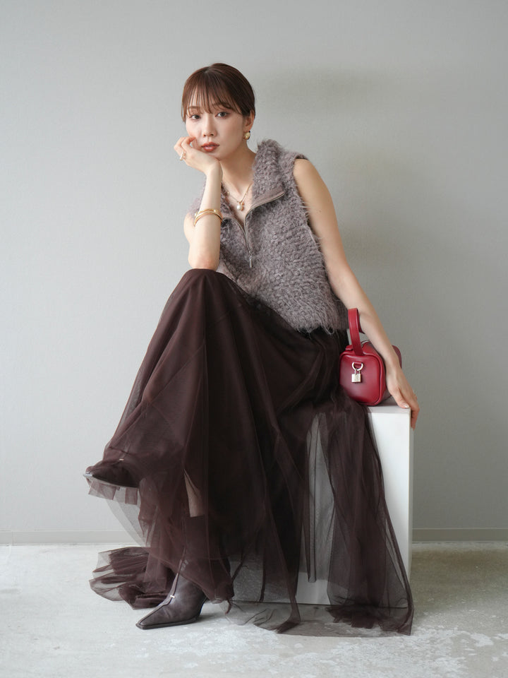 [予約]メランジブークレハーフジップニットベスト/モカ