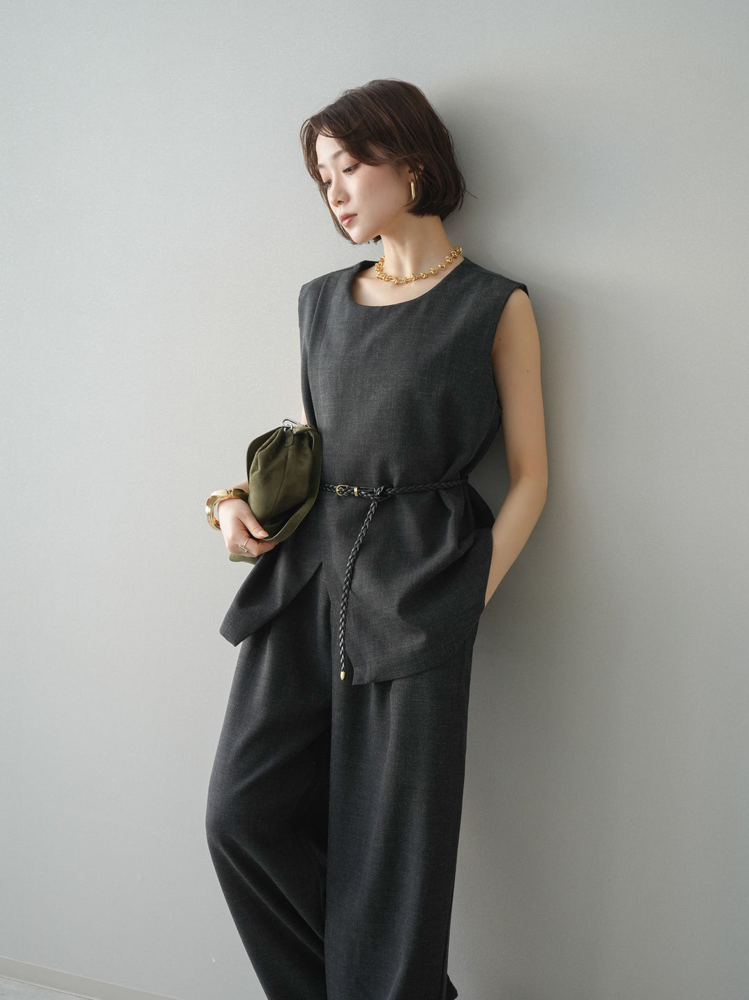 [SET]ベルト付ノースリーブトップス＆ワイドパンツSETUP