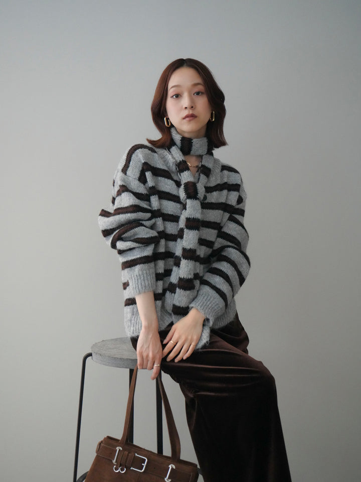 [SET]ボウタイ付きボーダーニットプルオーバー+ギャザーベロアスカート(2set)