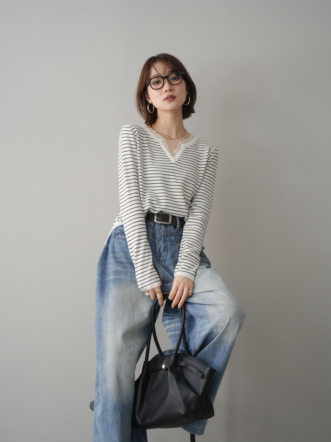 [SET]チュールレイヤードデザインボーダーニットトップス+選べるアクセセット(2set)