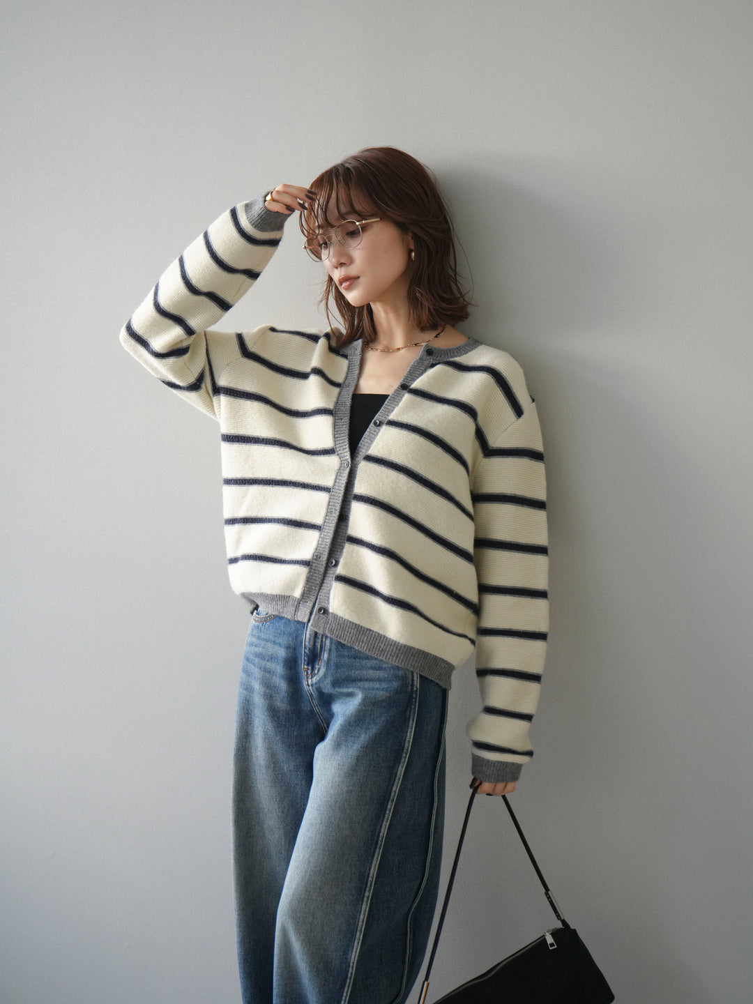 [予約]配色ボーダーニットカーディガン/apricot