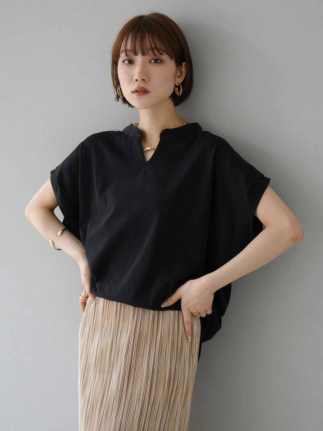 [SET]キーネックドルマンTシャツ+マルチカラーIラインプリーツスカート(2set)