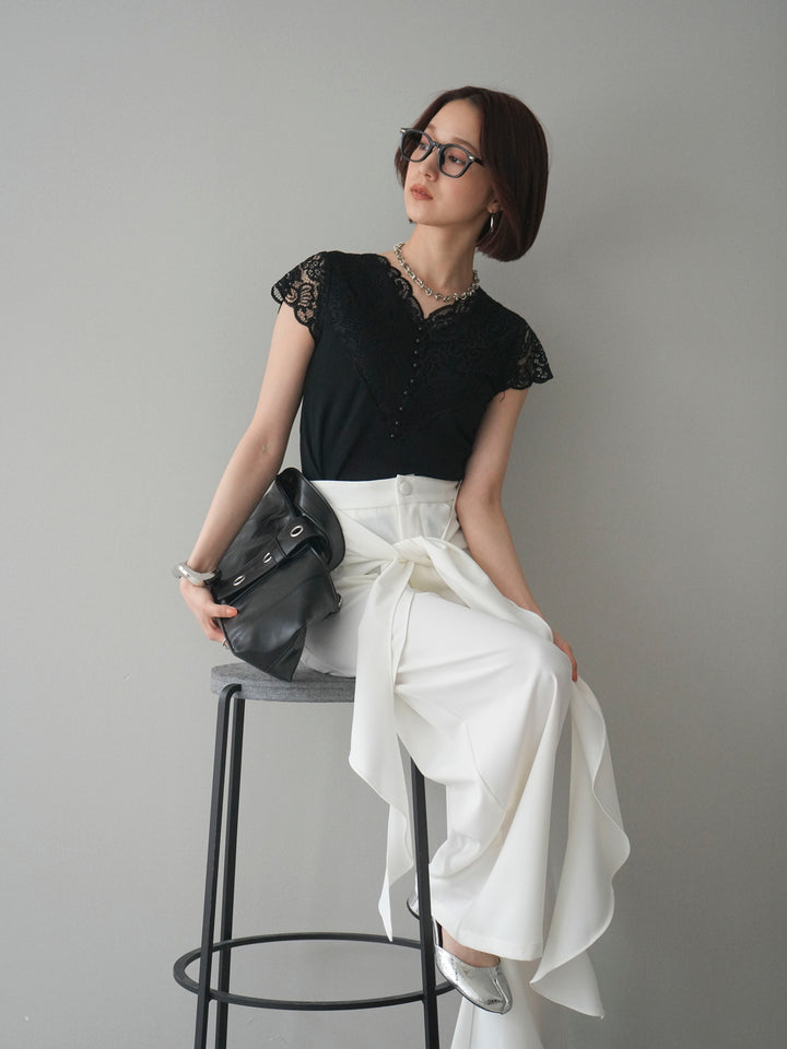 [SET]パールボタンレース切替ニットトップス+ラッフルベルトワイドパンツ(2set)